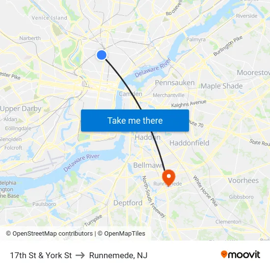 17th St & York St to Runnemede, NJ map