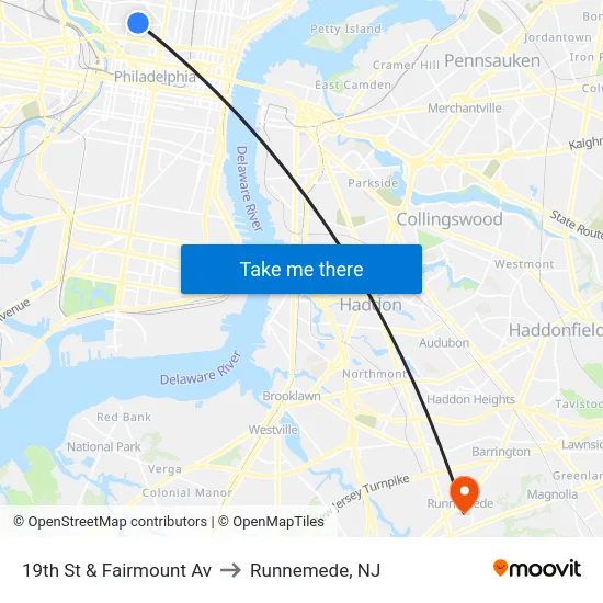 19th St & Fairmount Av to Runnemede, NJ map