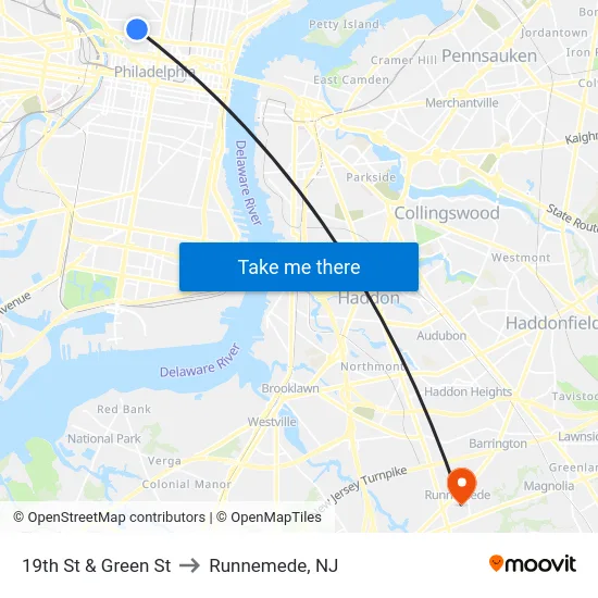 19th St & Green St to Runnemede, NJ map