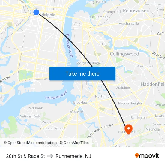 20th St & Race St to Runnemede, NJ map