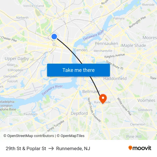 29th St & Poplar St to Runnemede, NJ map