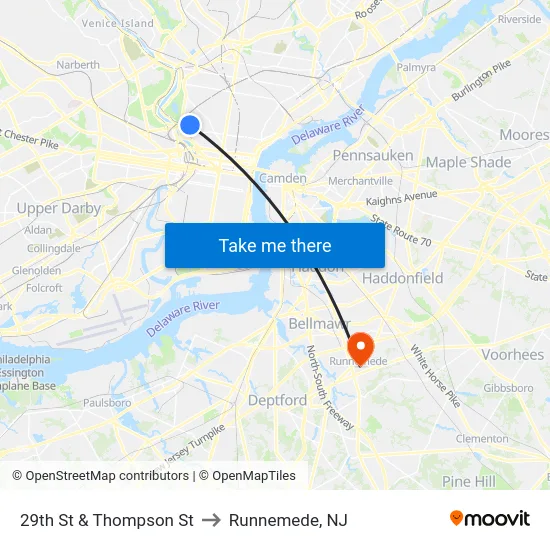 29th St & Thompson St to Runnemede, NJ map
