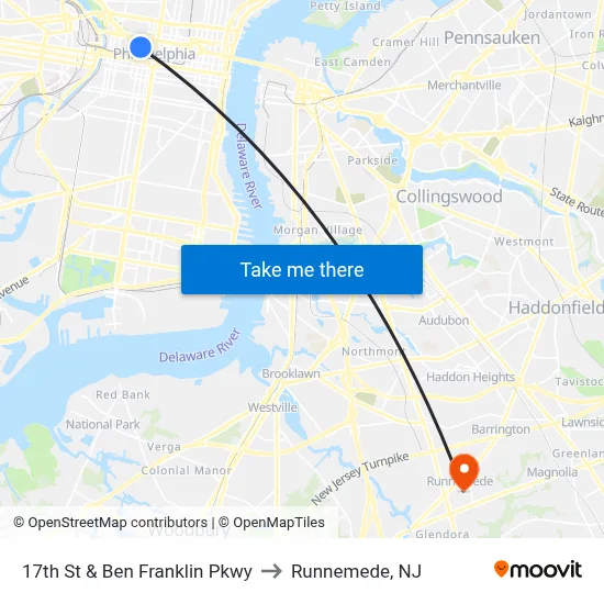 17th St & Ben Franklin Pkwy to Runnemede, NJ map