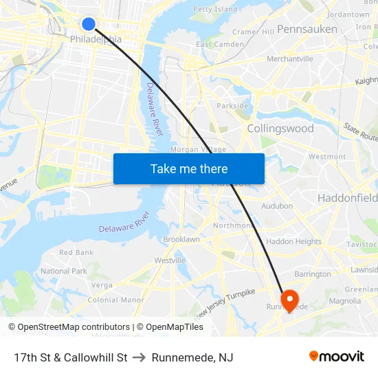 17th St & Callowhill St to Runnemede, NJ map