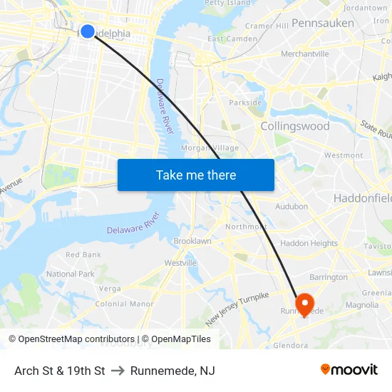 Arch St & 19th St to Runnemede, NJ map
