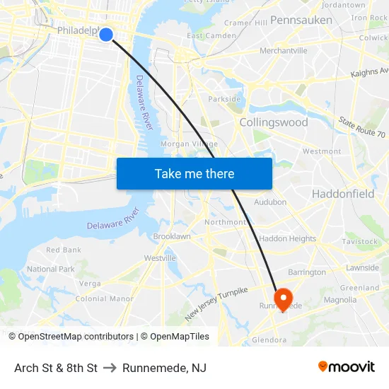 Arch St & 8th St to Runnemede, NJ map