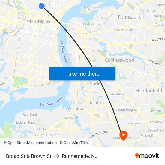 Broad St & Brown St to Runnemede, NJ map