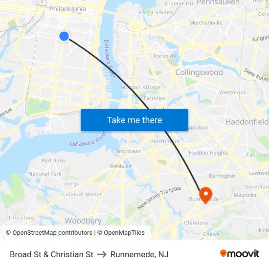 Broad St & Christian St to Runnemede, NJ map