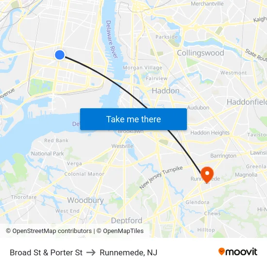 Broad St & Porter St to Runnemede, NJ map