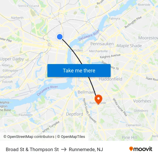 Broad St & Thompson St to Runnemede, NJ map