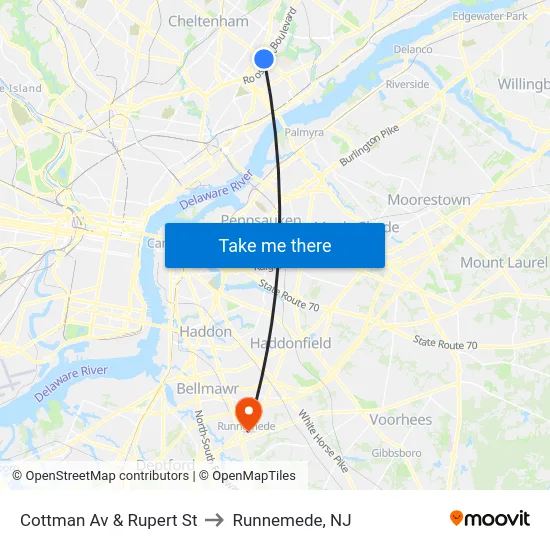 Cottman Av & Rupert St to Runnemede, NJ map
