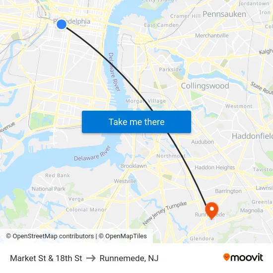 Market St & 18th St to Runnemede, NJ map