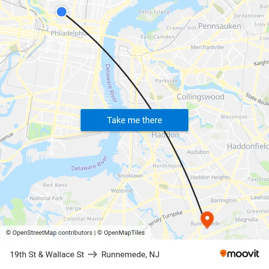 19th St & Wallace St to Runnemede, NJ map