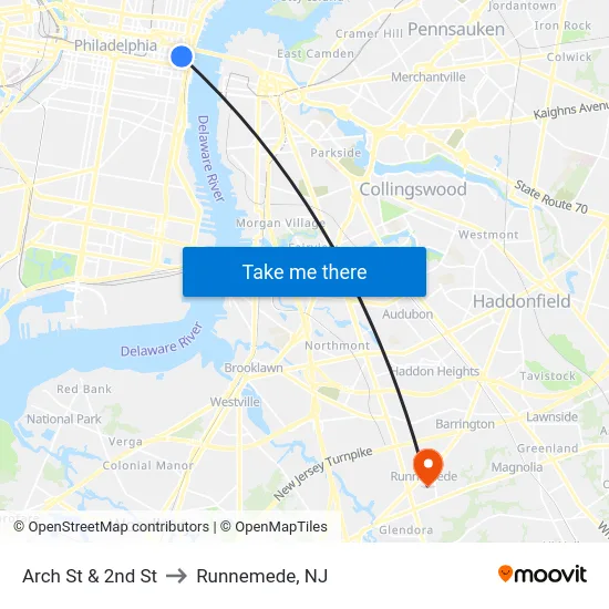 Arch St & 2nd St to Runnemede, NJ map