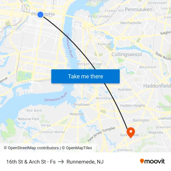 16th St & Arch St - Fs to Runnemede, NJ map