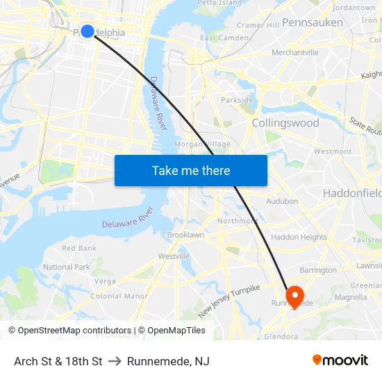Arch St & 18th St to Runnemede, NJ map