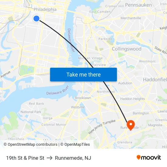19th St & Pine St to Runnemede, NJ map