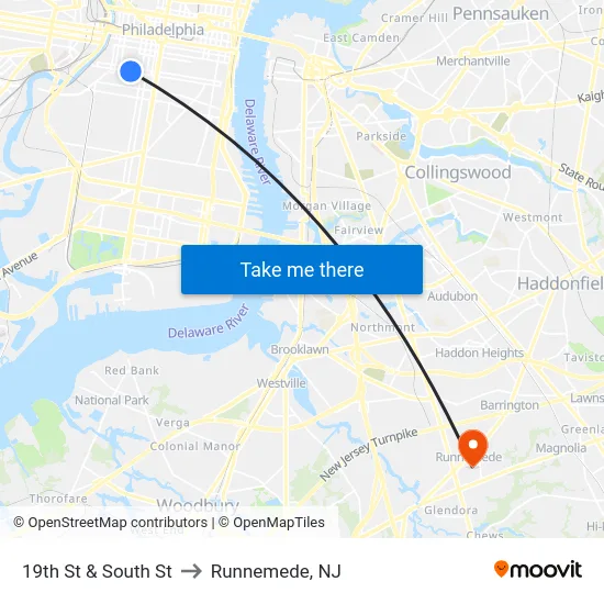 19th St & South St to Runnemede, NJ map