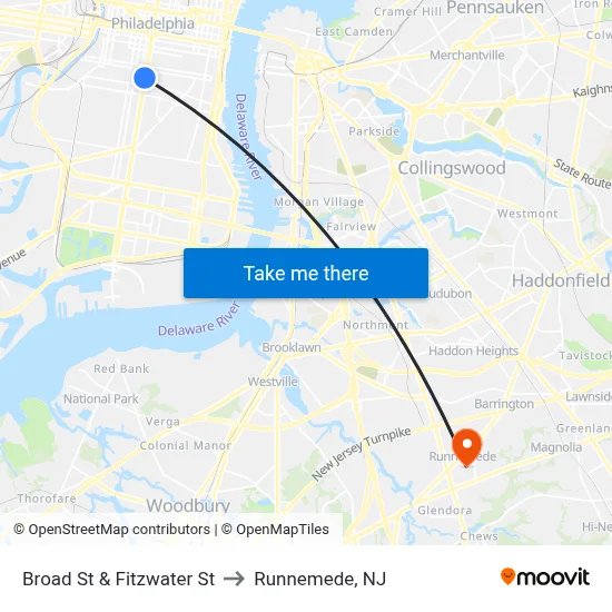 Broad St & Fitzwater St to Runnemede, NJ map