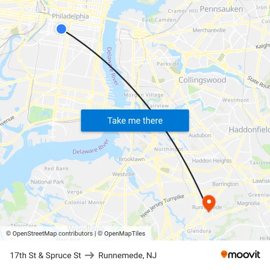 17th St & Spruce St to Runnemede, NJ map