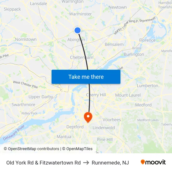 Old York Rd & Fitzwatertown Rd to Runnemede, NJ map