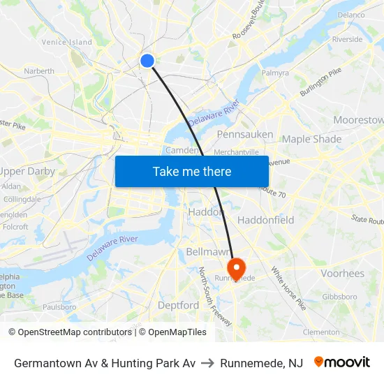 Germantown Av & Hunting Park Av to Runnemede, NJ map