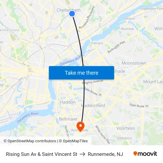 Rising Sun Av & Saint Vincent St to Runnemede, NJ map