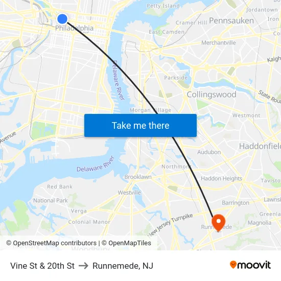 Vine St & 20th St to Runnemede, NJ map