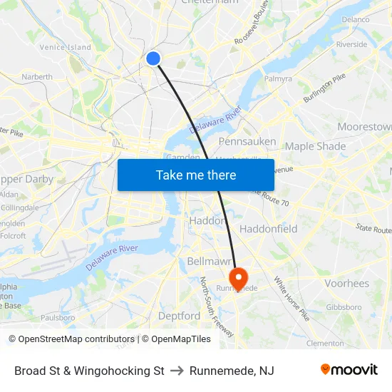 Broad St & Wingohocking St to Runnemede, NJ map