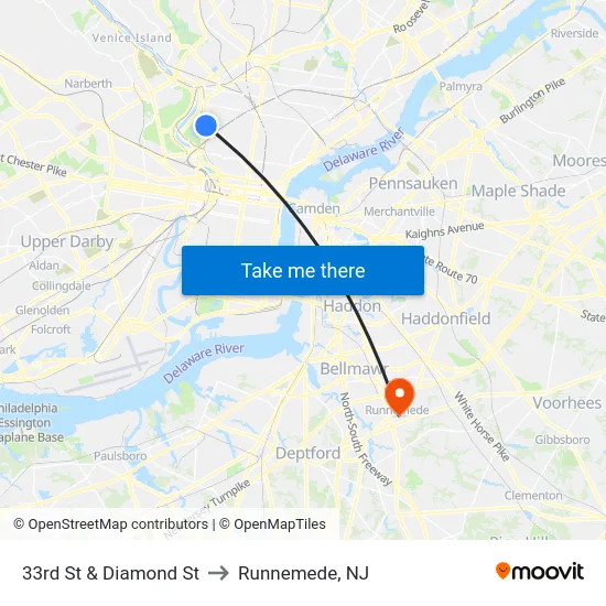 33rd St & Diamond St to Runnemede, NJ map