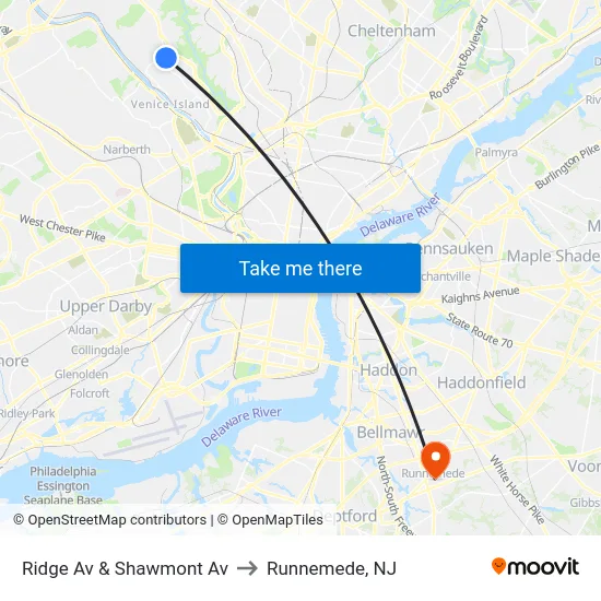 Ridge Av & Shawmont Av to Runnemede, NJ map