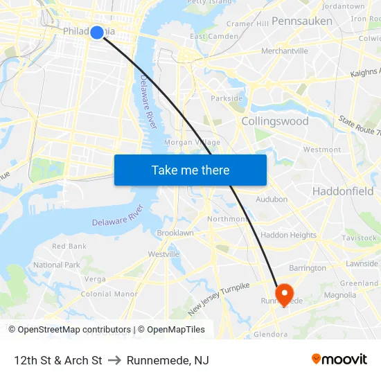 12th St & Arch St to Runnemede, NJ map