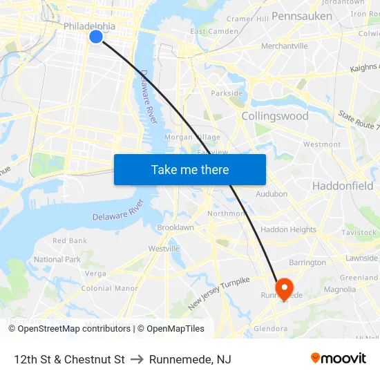 12th St & Chestnut St to Runnemede, NJ map
