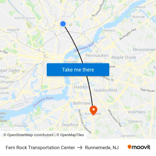 Fern Rock Transportation Center to Runnemede, NJ map