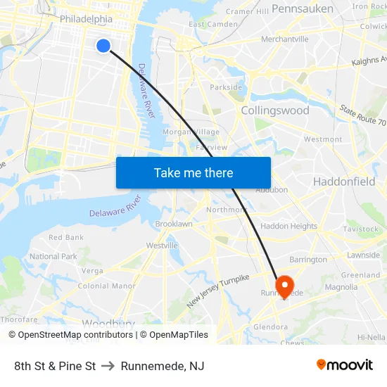8th St & Pine St to Runnemede, NJ map