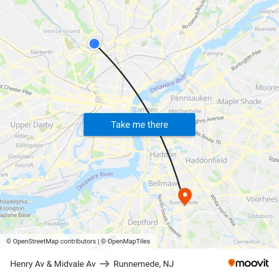 Henry Av & Midvale Av to Runnemede, NJ map