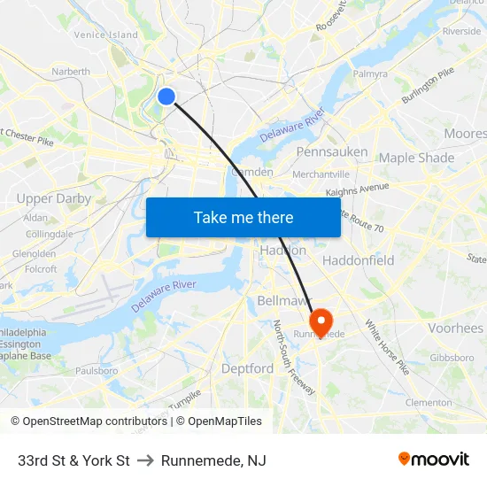 33rd St & York St to Runnemede, NJ map