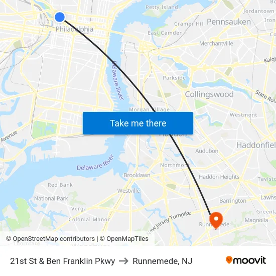 21st St & Ben Franklin Pkwy to Runnemede, NJ map