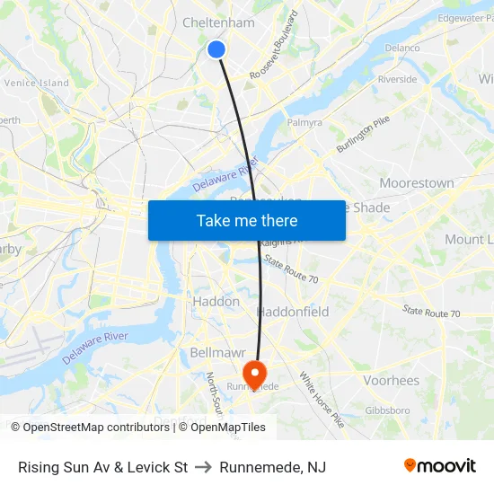 Rising Sun Av & Levick St to Runnemede, NJ map