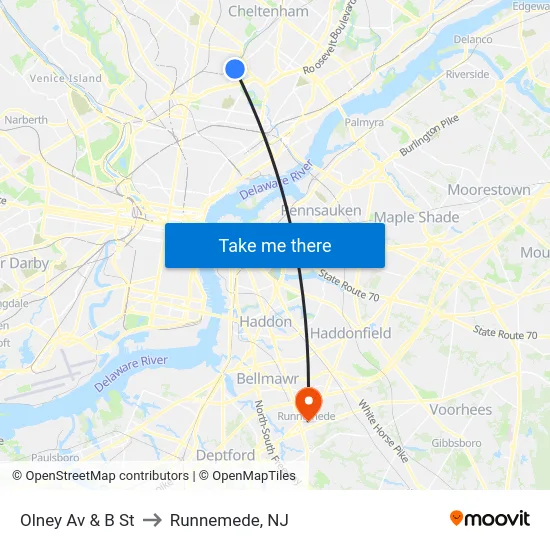 Olney Av & B St to Runnemede, NJ map
