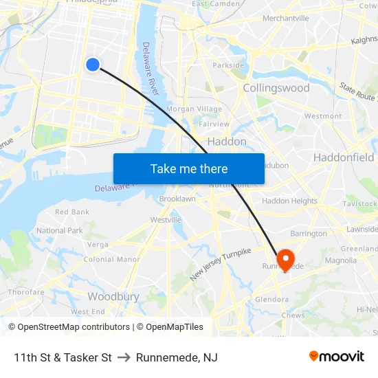 11th St & Tasker St to Runnemede, NJ map