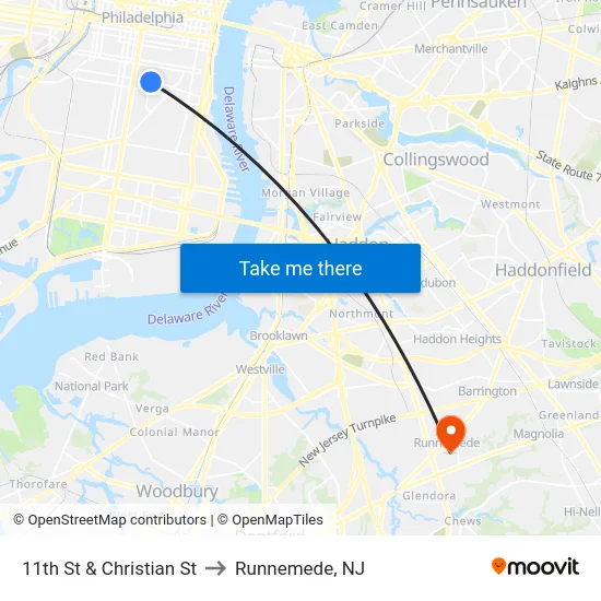 11th St & Christian St to Runnemede, NJ map