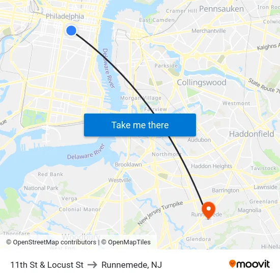 11th St & Locust St to Runnemede, NJ map