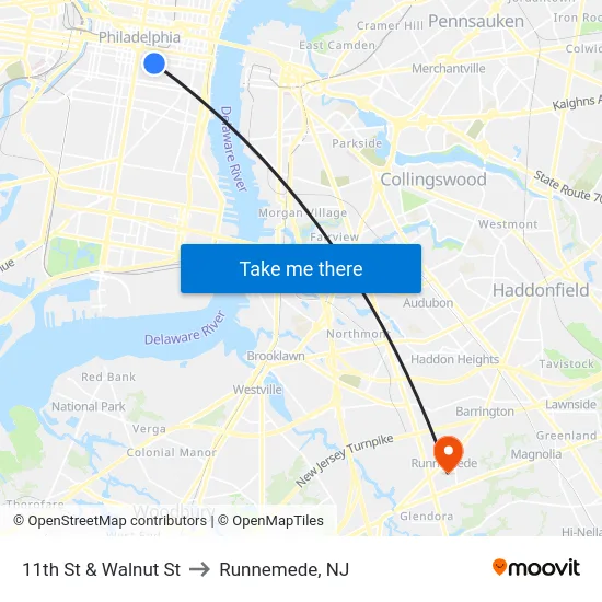11th St & Walnut St to Runnemede, NJ map