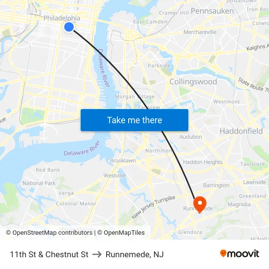 11th St & Chestnut St to Runnemede, NJ map