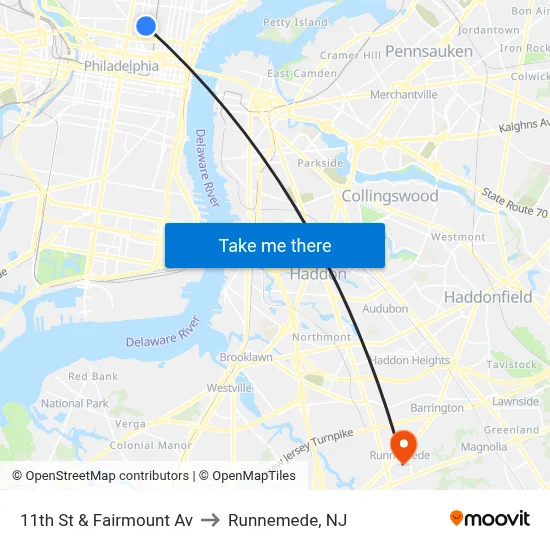 11th St & Fairmount Av to Runnemede, NJ map