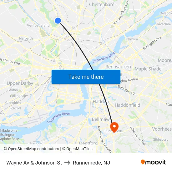 Wayne Av & Johnson St to Runnemede, NJ map