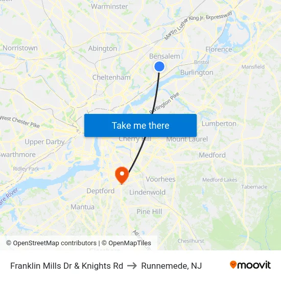 Franklin Mills Dr & Knights Rd to Runnemede, NJ map