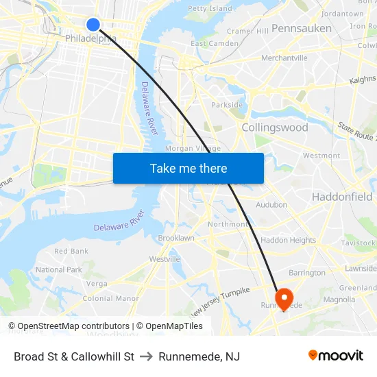 Broad St & Callowhill St to Runnemede, NJ map