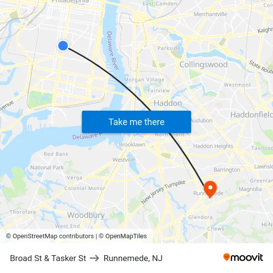Broad St & Tasker St to Runnemede, NJ map